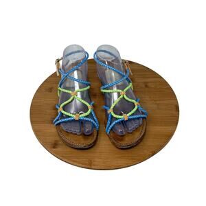 Stuart Weitzman Cordy Rope Braided Blue Green Sandals Preppy Vacation Womens 7